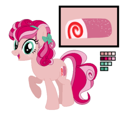 Size: 500x460 | Tagged: dead source, safe, artist:awoomarblesoda, oc, oc only, oc:strawberry swiss roll, earth pony, pony, female, mare, offspring, parent:cheese sandwich, parent:pinkie pie, parents:cheesepie, reference sheet, simple background, solo, transparent background