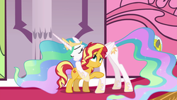 Size: 1920x1080 | Tagged: safe, screencap, princess celestia, sunset shimmer, alicorn, pony, unicorn, equestria girls, equestria girls specials, g4, my little pony equestria girls: better together, my little pony equestria girls: forgotten friendship, canterlot castle, carpet, duo, eyes closed, female, forgiveness, heartwarming, hoof shoes, hug, it happened, male, mare, momlestia, mural, reconciliation, red carpet, reunion, royal guard, stained glass, stallion, the prodigal sunset, throne room