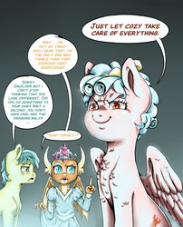 Size: 1700x2100 | Tagged: safe, artist:brother-lionheart, cozy glow, sandbar, smolder, dragon, earth pony, pegasus, pony, g4, what lies beneath, clothes, cozy glow is best facemaker, crazy glow, dialogue, dragoness, dress, engrish, female, foal, insanity, jewelry, makeup, princess smolder, puffy sleeves, pure concentrated unfiltered evil of the utmost potency, sleepy, tiara, trio