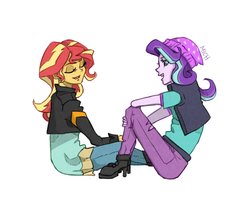 Size: 1752x1416 | Tagged: safe, artist:ilacavgbmjc, starlight glimmer, sunset shimmer, human, equestria girls, g4, beanie, duo, female, hat, sitting, talking