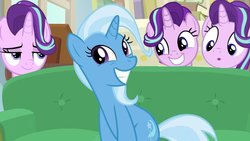 Size: 800x450 | Tagged: safe, edit, edited screencap, screencap, starlight glimmer, trixie, pony, unicorn, g4, road to friendship, couch, meme, piper perri surrounded, smiling