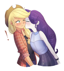 Size: 1157x1273 | Tagged: safe, artist:tcn1205, applejack, rarity, human, equestria girls, g4, blushing, cheek kiss, clothes, commissioner:raritybro, cute, daaaaaaaaaaaw, exclamation point, eyes closed, female, humanized, jackabetes, kissing, lesbian, one eye closed, pony coloring, raribetes, ship:rarijack, shipping, simple background, skirt, white background