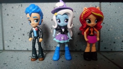 Size: 5984x3376 | Tagged: safe, artist:artofmagicpoland, derpibooru exclusive, flash sentry, sunset shimmer, trixie, equestria girls, g4, my little pony equestria girls: better together, season 2, doll, equestria girls minis, speculation, toy