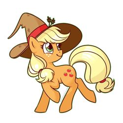 Size: 1080x1080 | Tagged: safe, artist:anzicorn, applejack, earth pony, pony, g4, cute, female, hat, mare, simple background, smiling, solo, witch hat