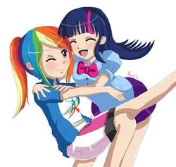 Size: 960x911 | Tagged: safe, artist:love2eategg, rainbow dash, twilight sparkle, equestria girls, g4, clothes, duo, eyes closed, female, human coloration, lesbian, one eye closed, ship:twidash, shipping, skirt, smiling