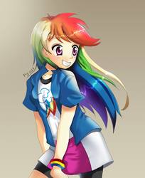 Size: 1671x2048 | Tagged: safe, artist:love2eategg, rainbow dash, human, equestria girls, g4, clothes, female, human coloration, long hair, simple background, skirt, smiling, solo