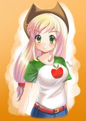 Size: 1241x1755 | Tagged: safe, artist:love2eategg, applejack, human, equestria girls, g4, my little pony equestria girls: better together, anime, clothes, cowboy hat, female, freckles, gradient background, hat, human coloration, humanized, looking at you, shirt, solo, stetson
