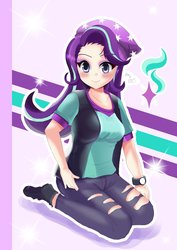 Size: 1240x1754 | Tagged: safe, artist:love2eategg, starlight glimmer, equestria girls, equestria girls specials, g4, my little pony equestria girls: mirror magic, anime, beanie, blushing, clothes, cute, female, glimmerbetes, hat, human coloration, pants, solo, torn clothes, vest, watch
