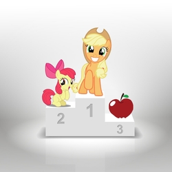 Size: 994x994 | Tagged: safe, apple bloom, applejack, earth pony, pony, g4, apple, applejack day, duo, duo female, female, filly, foal, food, happy, mare, podium
