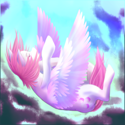 Size: 1024x1024 | Tagged: safe, artist:notsowhiteworld, oc, oc only, oc:sugar breeze, pegasus, pony, blue, cloud, cutie mark, day, eyes closed, falling, pink, sky, solo, white, wings