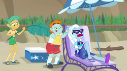 Size: 1920x1080 | Tagged: safe, screencap, snails, snips, trixie, equestria girls, equestria girls series, forgotten friendship, g4, beach, beach chair, beach umbrella, belly button, chair, clothes, feet, flip-flops, open mouth, partial nudity, sandals, sunglasses, swimsuit, tan lines, topless, trixie's fans