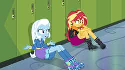 Size: 1920x1080 | Tagged: safe, screencap, sunset shimmer, trixie, equestria girls, equestria girls series, forgotten friendship, g4, boots, clothes, duo, high heel boots, high heels, hoodie, jacket, leather jacket, lockers, shoes, skirt, socks