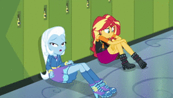 Size: 1920x1080 | Tagged: safe, screencap, scott green, sophisticata, sunset shimmer, trixie, wiz kid, equestria girls, equestria girls series, forgotten friendship, g4, 1080p, animated, background human, boots, clothes, female, geode of empathy, high heel boots, high heels, hoodie, jacket, kneesocks, leather jacket, lockers, magical geodes, male, shoes, skirt, socks, sound, webm