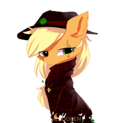 Size: 1300x1300 | Tagged: safe, artist:heddopen, applejack, pony, g4, alternate clothes, clothes, ear fluff, female, hat, scarf, simple background, solo, tattoo