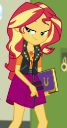 Size: 500x957 | Tagged: safe, screencap, sunset shimmer, equestria girls, equestria girls series, forgotten friendship, g4, canterlot high, cropped, female, geode of empathy, lidded eyes, lockers, magical geodes, solo focus