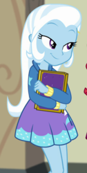 Size: 498x987 | Tagged: safe, screencap, trixie, equestria girls, equestria girls specials, g4, my little pony equestria girls: better together, my little pony equestria girls: forgotten friendship, book, canterlot high, clothes, cropped, cute, diatrixes, female, hoodie, skirt, smiling