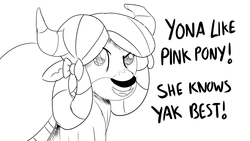Size: 1152x648 | Tagged: safe, artist:sintakhra, yona, yak, tumblr:studentsix, g4, black and white, dialogue, female, grayscale, implied pinkie pie, monochrome, simple background, smiling, solo, story included, tumblr, white background