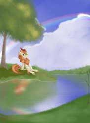 Size: 1088x1484 | Tagged: safe, artist:dusthiel, autumn blaze, kirin, g4, sounds of silence, female, rainbow, smiling, solo, tree