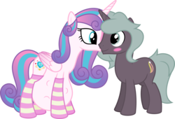 Size: 9388x6400 | Tagged: safe, artist:parclytaxel, princess flurry heart, oc, oc:shimmering glow, alicorn, pony, unicorn, g4, .svg available, absurd resolution, adult, blushing, canon x oc, cheek kiss, clothes, couple, female, husband and wife, hyper, hyper pregnancy, kicking, kissing, male, mama flurry, mare, married couple, multiple pregnancy, offspring, offspring shipping, older, older flurry heart, parent:king sombra, parent:radiant hope, parents:hopebra, pregnant, shipping, simple background, socks, stallion, straight, striped socks, transparent background, vector