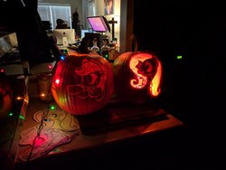 Size: 2048x1536 | Tagged: safe, applejack, fluttershy, g4, halloween, holiday, irl, jack-o-lantern, photo, pumpkin