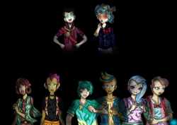 Size: 3795x2680 | Tagged: safe, artist:baconforbreakfast426, chancellor neighsay, cozy glow, gallus, ocellus, sandbar, silverstream, smolder, yona, human, g4, school raze, danganronpa, despair, high res, humanized, sad, scared, student six, sweat, sweating profusely