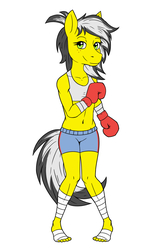 Size: 1000x1500 | Tagged: safe, artist:o0ladycrow0o, oc, oc only, oc:uppercute, anthro, belly button, boxing gloves, clothes, feet, freckles, shorts, simple background, smiling, solo, sports bra, white background