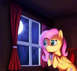 Size: 1024x937 | Tagged: safe, artist:shaliwolf, fluttershy, pegasus, pony, g4, female, folded wings, hoof hold, indoors, looking away, mare, moon, mug, night, solo, window, wings