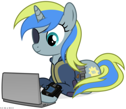 Size: 6867x5974 | Tagged: safe, artist:suramii, oc, oc only, oc:vaulty, pony, unicorn, fallout equestria, absurd resolution, clothes, commission, computer, cutie mark, eyepatch, fanfic, fanfic art, female, hooves, horn, jumpsuit, laptop computer, mare, pipbuck, prone, simple background, solo, transparent background, vault suit