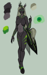 Size: 1807x2922 | Tagged: safe, artist:blackblood-queen, oc, oc only, oc:queen eris, changeling, changeling queen, anthro, unguligrade anthro, anthro oc, breasts, changeling queen oc, claws, fangs, featureless breasts, featureless crotch, female, green changeling, slit pupils, smiling, solo