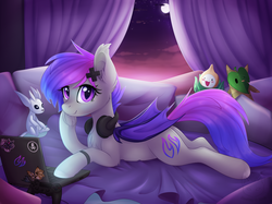 Size: 3303x2472 | Tagged: safe, artist:doekitty, oc, oc only, oc:afternight, bat pony, pony, bat pony oc, bed, computer, controller, curtains, female, headphones, high res, laptop computer, looking at you, lying, mare, night, plushie, prone, smiling, solo