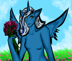Size: 7392x6300 | Tagged: safe, artist:cassielink, oc, oc:fleurbelle, alicorn, anthro, absurd resolution, alicorn oc, beautiful, bouquet, breasts, commission, featureless breasts, female, flower, grass, mare, nudity