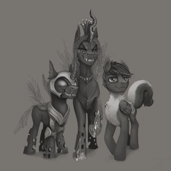 Size: 1667x1667 | Tagged: source needed, safe, artist:bigrigs, queen chrysalis, oc, oc:intrinsic value, oc:thought blossom, changeling, changeling queen, skunk, skunk pony, g4, black and white, female, grayscale, jewelry, male, monochrome, necklace, one of these things is not like the others, pegaskunk, peytral