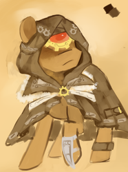 Size: 976x1310 | Tagged: safe, artist:dhui, oc, oc only, pony, buck legacy, concept art, hood, male, solo, steampunk, weapon