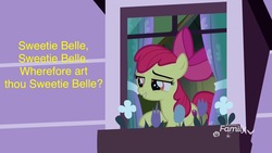 Size: 1920x1080 | Tagged: safe, edit, edited screencap, screencap, apple bloom, sweetie belle, earth pony, pony, g4, school raze, discovery family logo, female, filly, flower, foal, image macro, implied sweetie belle, lesbian, meme, romeo and juliet, ship:sweetiebloom, shipping, solo, text, window