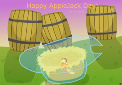 Size: 5000x3500 | Tagged: safe, artist:devfield, applejack, earth pony, pony, g4, absurd resolution, applejack day, barrel, cider, female, field, glass, gradient background, grass, partially submerged, simple shading, solo