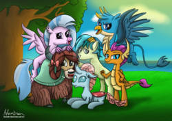Size: 1024x724 | Tagged: safe, artist:greenflyart, gallus, ocellus, sandbar, silverstream, smolder, yona, changedling, changeling, classical hippogriff, dragon, earth pony, griffon, hippogriff, pony, yak, g4, season 8, bow, claws, cloven hooves, colored hooves, dragoness, female, flying, hair bow, looking at you, male, mane six opening poses, monkey swings, paws, student six, tail, teenager, wings