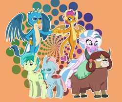 Size: 979x816 | Tagged: safe, artist:chedx, gallus, ocellus, sandbar, silverstream, smolder, yona, changedling, changeling, classical hippogriff, dragon, earth pony, griffon, hippogriff, pony, yak, g4, school daze, abstract background, bow, chest fluff, cloven hooves, colored hooves, cutie mark, dragoness, female, fist bump, flying, hair bow, jewelry, male, monkey swings, necklace, student six, teenager, wings