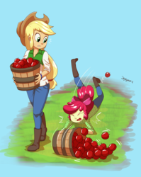 Size: 1280x1610 | Tagged: safe, artist:jeglegator, apple bloom, applejack, equestria girls, g4, apple, bucket, eyes closed, female, food, looking down, sisters, tripping