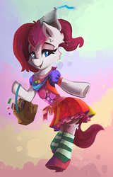 Size: 1600x2507 | Tagged: safe, artist:saxopi, oc, oc only, oc:holly jolly, pony, candy, clothes, dress, food, socks, solo, striped socks