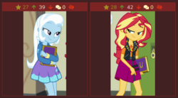 Size: 457x253 | Tagged: safe, edit, edited screencap, screencap, sunset shimmer, trixie, derpibooru, equestria girls, equestria girls specials, g4, my little pony equestria girls: better together, my little pony equestria girls: forgotten friendship, cropped, geode of empathy, juxtaposition, meta, she knows, they know