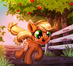 Size: 1200x1094 | Tagged: safe, artist:harwick, applejack, earth pony, pony, g4, the cutie mark chronicles, 2018, applejack day, cute, cutie mark, cutiespark, female, filly, filly applejack, freckles, happy, jackabetes, open mouth, scene interpretation, smiling, solo, tree, trotting, younger