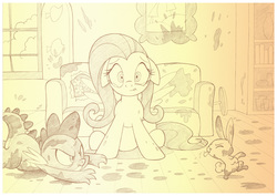 Size: 1042x737 | Tagged: safe, artist:sherwoodwhisper, angel bunny, fluttershy, spike, dragon, pegasus, pony, rabbit, g4, couch, female, floppy ears, fluttershy's cottage, indoors, lip bite, male, mare, messy, monochrome, mud, muddy, pencil drawing, raspberry, sketch, spread wings, teary eyes, tongue out, traditional art, wings
