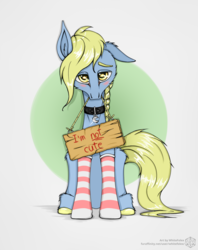 Size: 950x1200 | Tagged: safe, artist:whitefolex, oc, oc only, oc:windswept skies, pony, blatant lies, blushing, braid, charm, clothes, collar, cute, floppy ears, gray background, head down, i'm not cute, looking at you, male, sign, simple background, socks, solo, stallion, striped socks, unshorn fetlocks