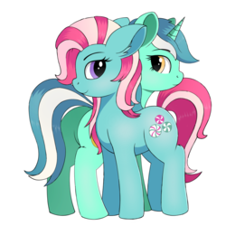 Size: 1280x1280 | Tagged: safe, artist:negasun, lyra heartstrings, minty, earth pony, pony, unicorn, g3, g4, 35th anniversary, butt, duo, duo female, female, g3 to g4, generation leap, looking at you, mare, plot, simple background, transparent background
