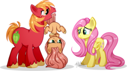 Size: 1024x572 | Tagged: safe, artist:ohflaming-rainbow, big macintosh, fluttershy, oc, oc:sunshine apple shy, earth pony, pony, g4, base used, female, filly, male, mouth hold, offspring, parent:big macintosh, parent:fluttershy, parents:fluttermac, ship:fluttermac, shipping, simple background, straight, tail, tail pull, transparent background