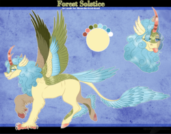 Size: 1356x1060 | Tagged: safe, artist:bijutsuyoukai, oc, oc only, oc:forest solstice, hybrid, blue background, colored hooves, colored wings, crack ship offspring, female, interspecies offspring, kirin hybrid, magical lesbian spawn, multicolored wings, offspring, parent:autumn blaze, parent:princess skystar, reference sheet, simple background, solo, spread wings, tongue out, wings