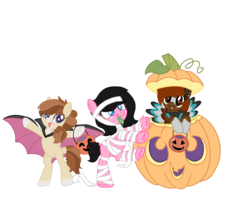 Size: 2212x1788 | Tagged: safe, artist:thatonefluffs, oc, oc only, oc:maple festival, oc:moonlight, oc:seafoam scribbles, vampony, dressup, halloween, holiday, jack-o-lantern, mummy, nightmare night, pumpkin, simple background, tongue out, transparent background