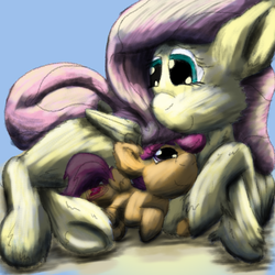 Size: 1584x1584 | Tagged: safe, artist:firefanatic, fluttershy, scootaloo, pegasus, pony, g4, crossed hooves, cute, cutealoo, fluttermom, folded wings, leg hold, looking at each other, prone, scootalove, shyabetes, smiling, snuggling, wings