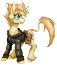 Size: 1400x1582 | Tagged: safe, artist:sintakhra, oc, oc only, oc:strong copper, pony, unicorn, clothes, fluffy, hoodie, leonine tail, male, raffle prize, request, requested art, saddle bag, simple background, solo, stallion, transparent background, unshorn fetlocks