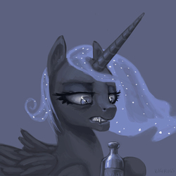 Size: 768x768 | Tagged: safe, artist:bigrigs, nightmare moon, alicorn, pony, g4, bottle, ethereal mane, female, lidded eyes, mare, monochrome, scowl, simple background, solo, starry mane